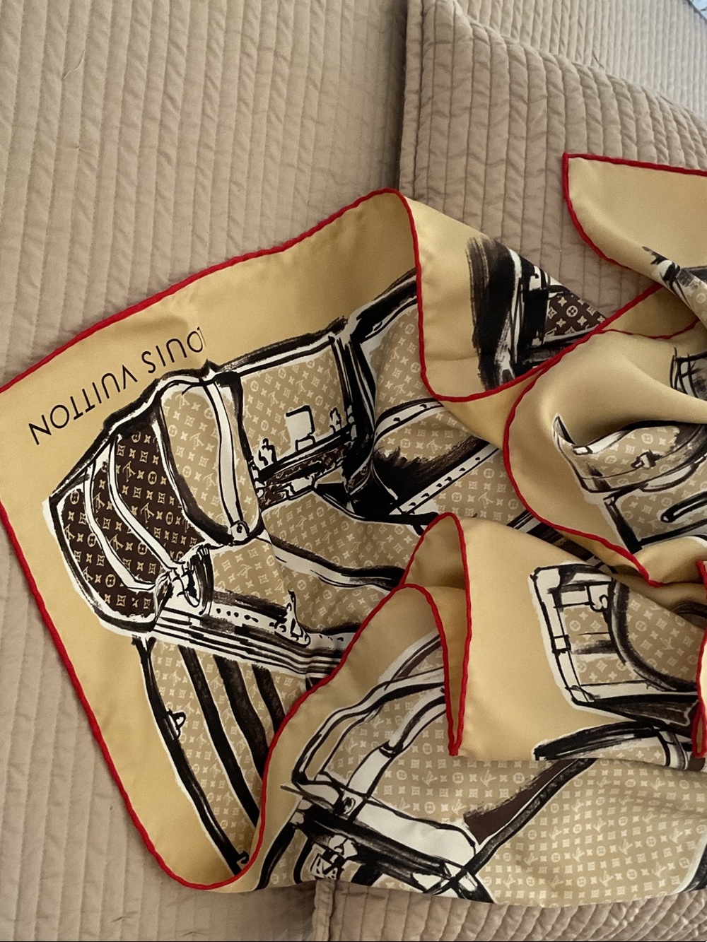 Louis Vuitton Beige Scarf with Red Edge and Monogram Travel Print